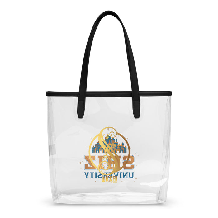 Detailed view of transparent TPU material and stitching on Wicked Shiz University tote bag