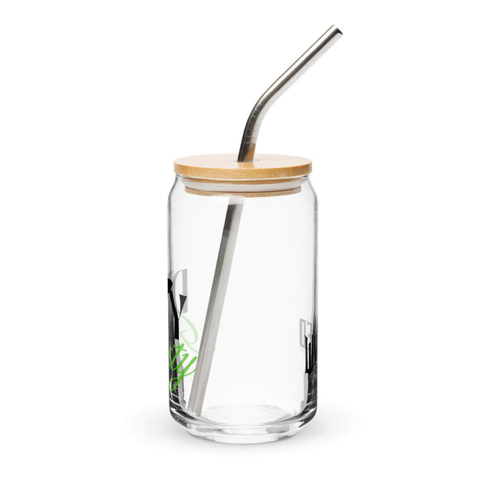 Front view of the 16 oz Wicked can-shaped glass showing the graphic design and clear glass construction