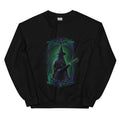Black crewneck sweatshirt featuring a bold graphic of Elphaba on the front chest