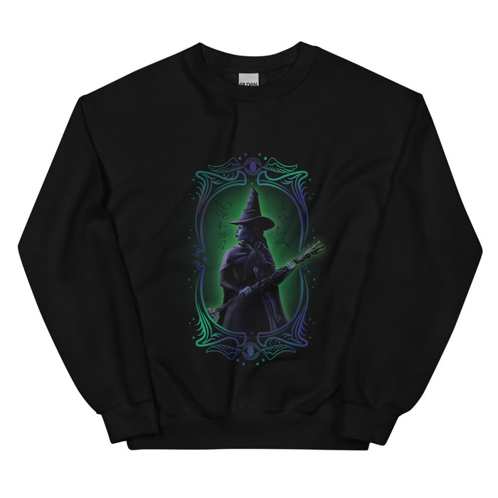Black crewneck sweatshirt featuring a bold graphic of Elphaba on the front chest