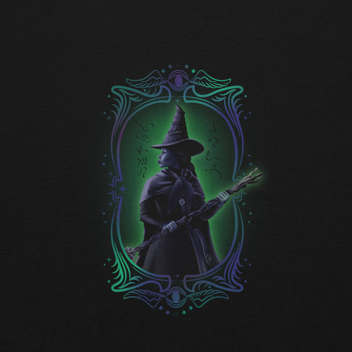 Close-up of the Elphaba graphic print on the front of the black sweatshirt