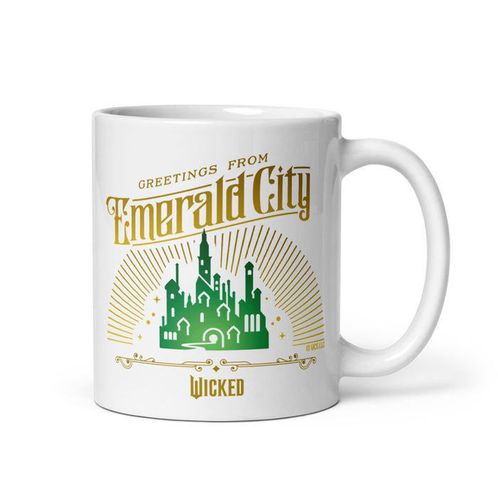 Close-up view of the Emerald City graphic artwork printed on the smooth white ceramic mug surface