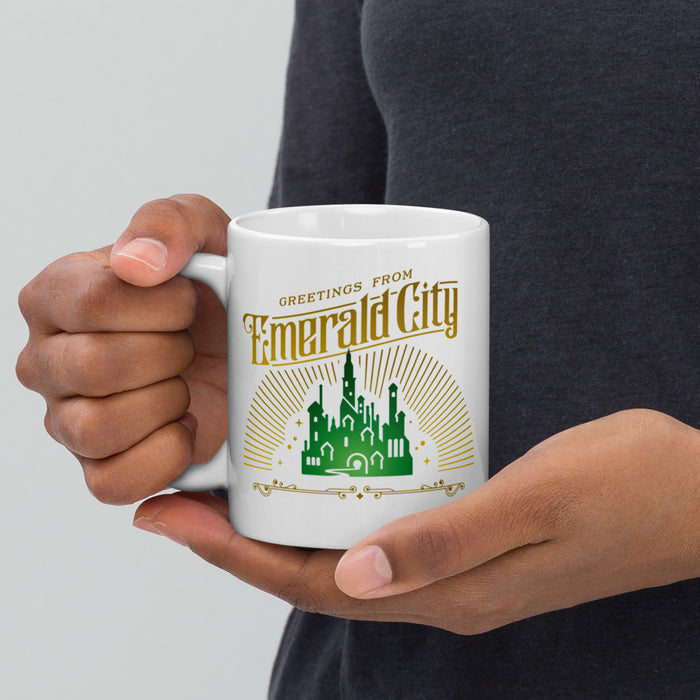 Angle view of the 11 oz and 15 oz white mug highlighting its glossy finish and colorful Oz design