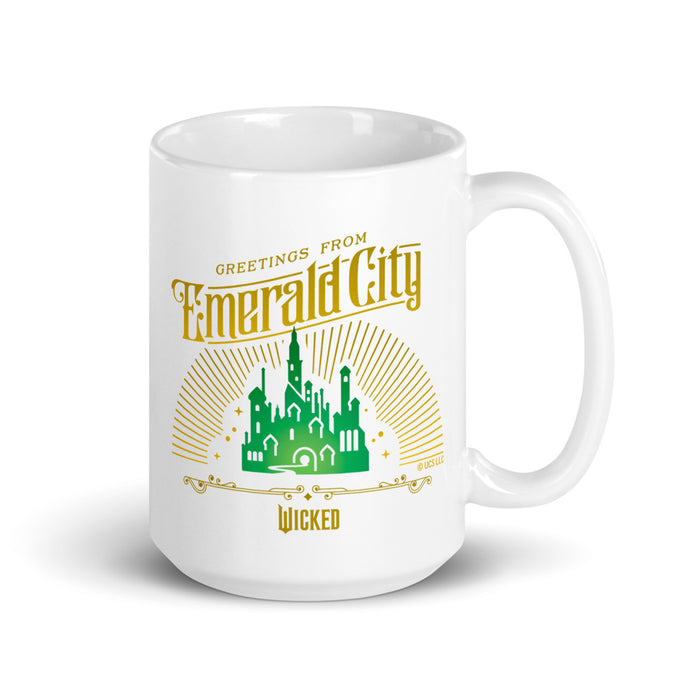Back view of the plain white ceramic mug opposite the central Emerald City graphic print