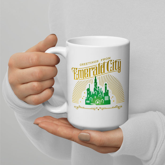 Lifestyle setting featuring the Wicked Emerald City mug resting on a clean kitchen countertop