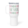 White stainless steel travel mug featuring the Wicked Not Your Basic Witch graphic on the front