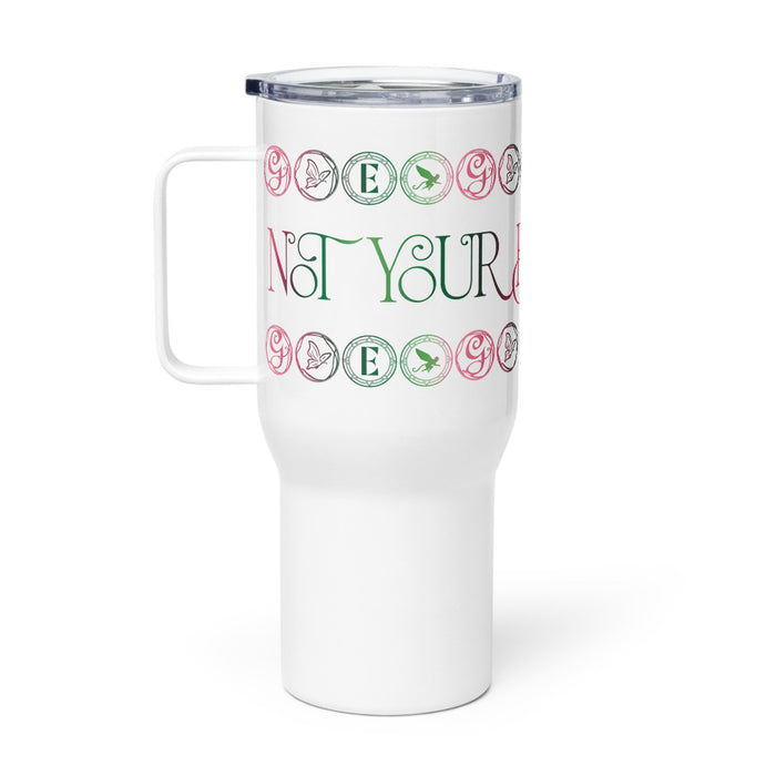 White stainless steel travel mug featuring the Wicked Not Your Basic Witch graphic on the front