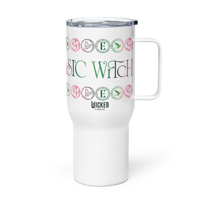 Angled view of the Wicked travel mug displaying its tapered body and secure lid