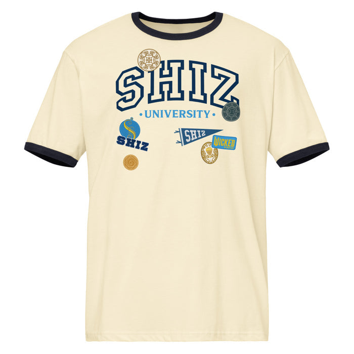 Wicked Shiz University Ringer T-Shirt front view showing collegiate graphic