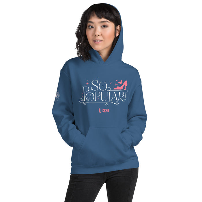 Close-up detail of the graphic print on the front chest of the indigo blue hoodie