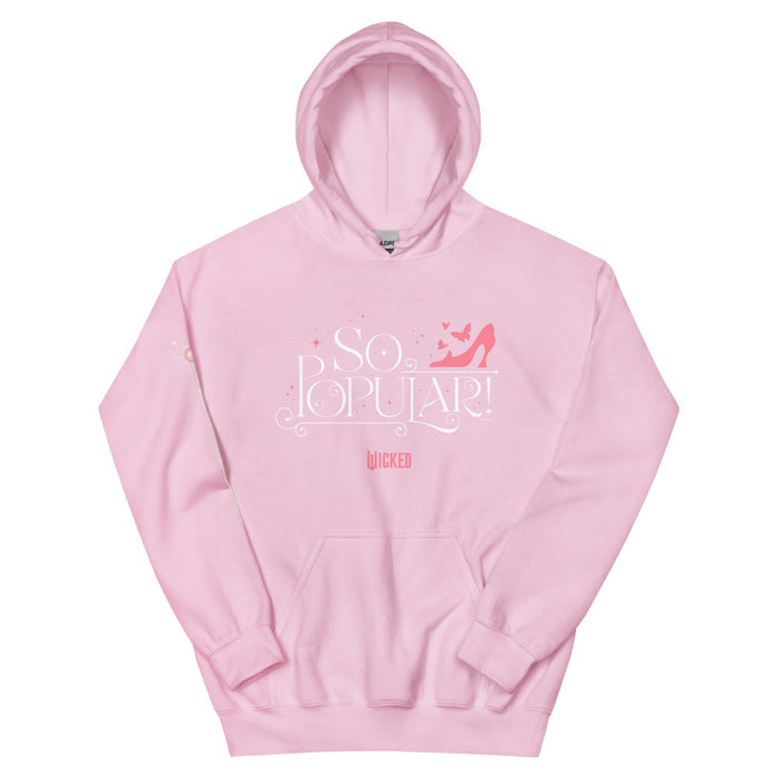 Wicked So Popular hoodie shown from the front view in light pink