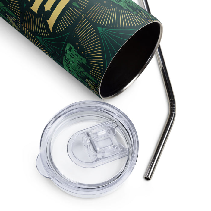 Top-down view showing the lid opening and straw placement on the tumbler