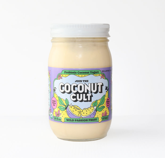 16oz jar of Wild Passion Fruit Probiotic Coconut Yogurt with 800 billion CFU