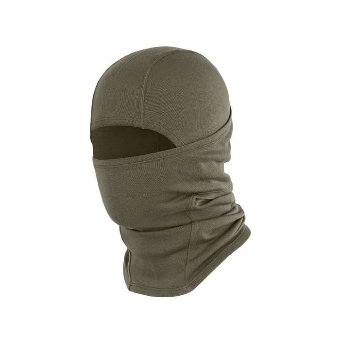 Dark olive green knit balaclava with a single large opening for the face and prominent stitched seams.