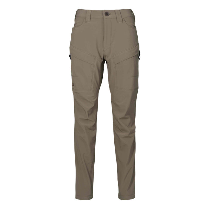 Walnut outdoor pants with button closure, belt loops, front and zippered cargo pockets, and reinforced knees.