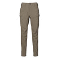 Walnut outdoor pants with button closure, belt loops, front and zippered cargo pockets, and reinforced knees.
