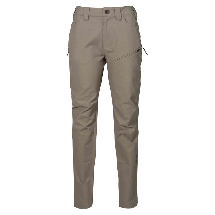 Tan tactical pants with a front button, belt loops, and zippered thigh pockets.