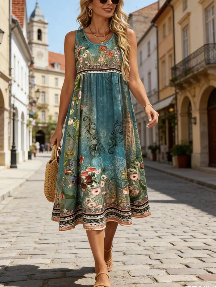 Women's Boho Floral Sleeveless Dress Vintage Turquoise Print Crew Neck High Waist A Line Midi Sundress