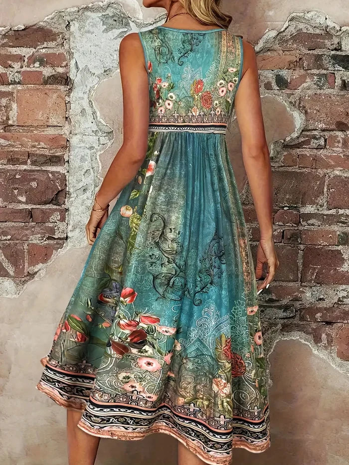 Women's Boho Floral Sleeveless Dress Vintage Turquoise Print Crew Neck High Waist A Line Midi Sundress