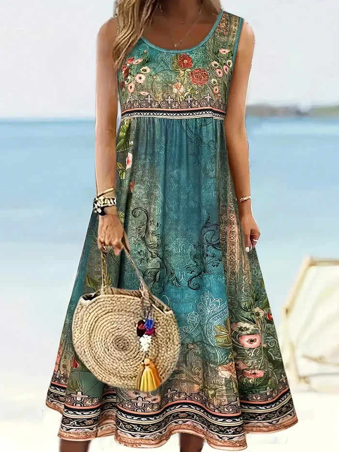 Women's Boho Floral Sleeveless Dress Vintage Turquoise Print Crew Neck High Waist A Line Midi Sundress