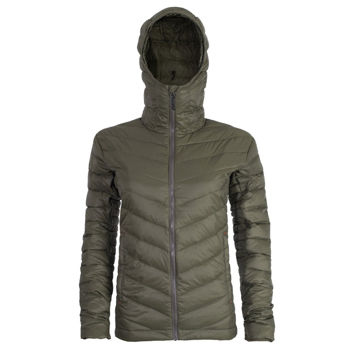 Olive green full-zip hooded puffer jacket with chevron quilting on the body and horizontal quilting on the sleeves.