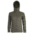 Olive green full-zip hooded puffer jacket with chevron quilting on the body and horizontal quilting on the sleeves.