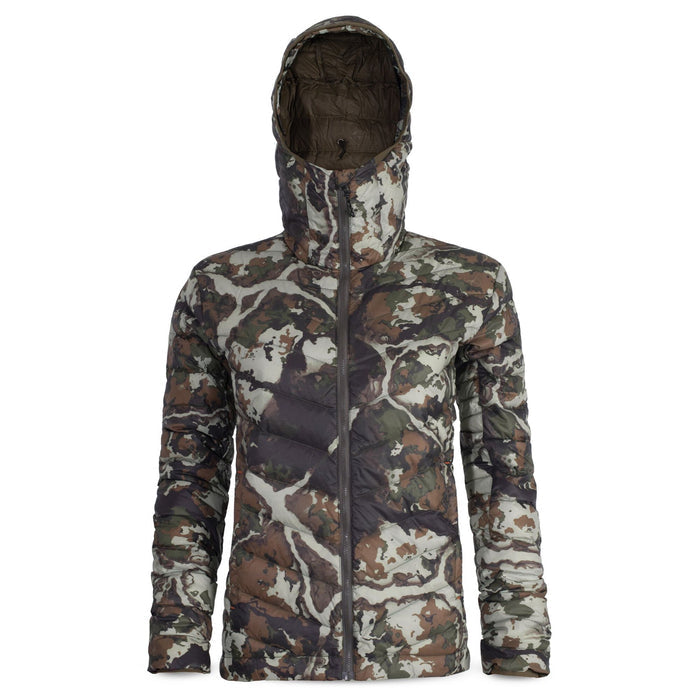 A hooded puffer jacket in a green, brown, and light grey camouflage pattern with a full-zip front.