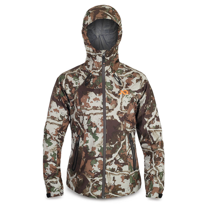 A hooded camouflage jacket with brown, green, and cream patterns, featuring a full front zipper, two zippered pockets, and an orange logo on the chest.