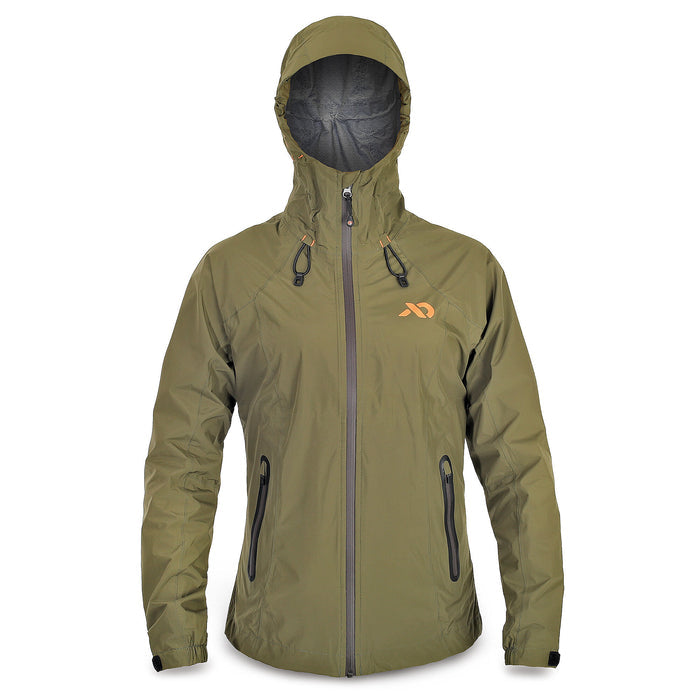 Olive green hooded rain jacket with a grey full-zip front, two zippered hand pockets, and an orange chest logo.