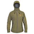 Olive green hooded rain jacket with a grey full-zip front, two zippered hand pockets, and an orange chest logo.