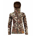A brown, green, and tan camouflage hooded jacket with a full zipper and an orange logo on the lower right.