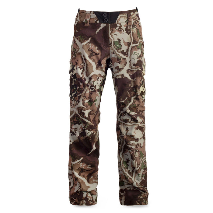 Camouflage pants in brown, tan, cream, and green tones, featuring two black buttons at the waist and side cargo pockets.