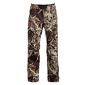 Camouflage pants in brown, tan, cream, and green tones, featuring two black buttons at the waist and side cargo pockets.
