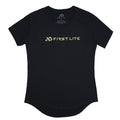 Black t-shirt with a light green "FIRST LITE" logo on the chest and a rounded drop-tail hem.