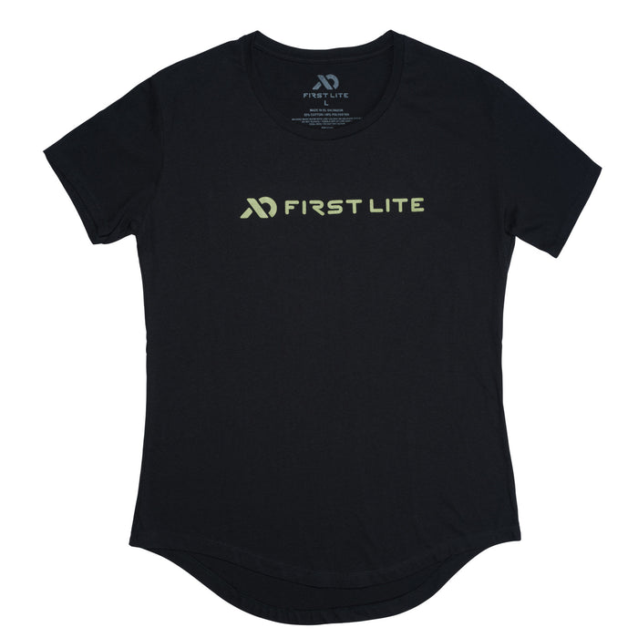 Black t-shirt with a light green "FIRST LITE" logo on the chest and a rounded drop-tail hem.
