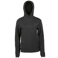 Dark gray hoodie with two-snap placket, subtle logo on chest, V-shaped chest seam, and front hand pockets.