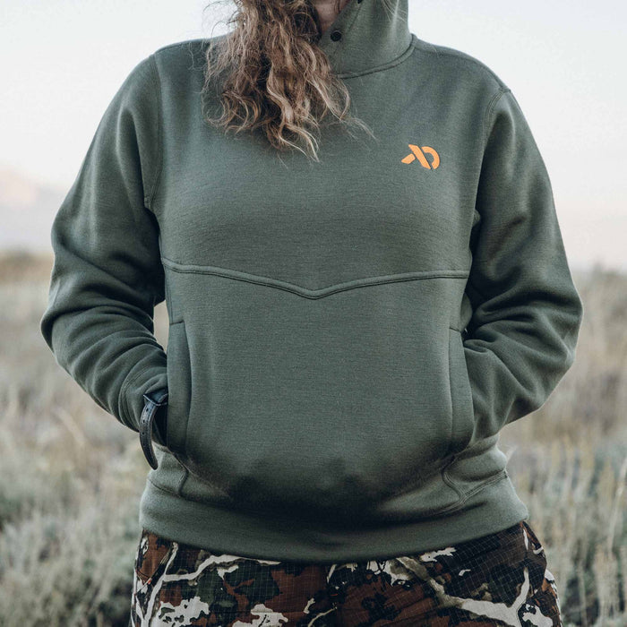 Olive green pullover sweatshirt with a buttoned collar, orange chest logo, V-shaped chest seam, and front kangaroo pocket.