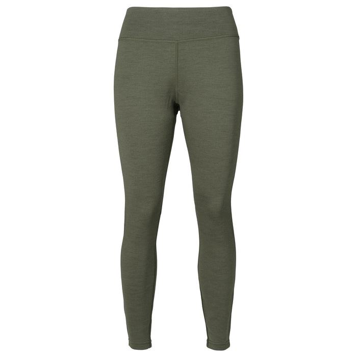 Olive green high-waisted leggings with a V-shaped front waistband seam and textured fabric.