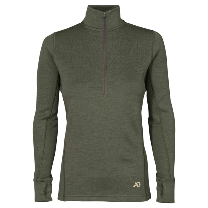 Olive green long-sleeve quarter-zip base layer with a textured knit, mock neck, and thumbhole cuffs.
