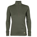 Olive green long-sleeve quarter-zip base layer with a textured knit, mock neck, and thumbhole cuffs.