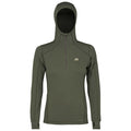 Dark olive green hooded quarter-zip top with thumbholes and a light-colored chest logo.