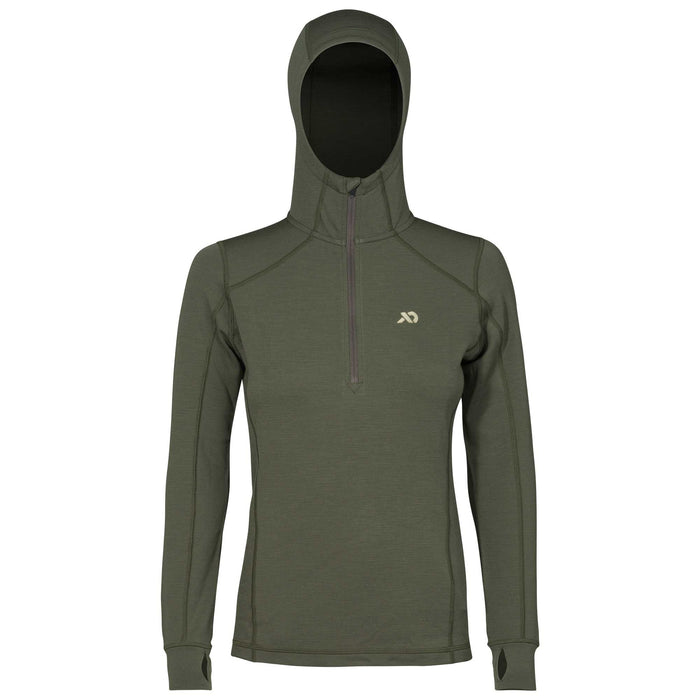 Dark olive green hooded quarter-zip top with thumbholes and a light-colored chest logo.