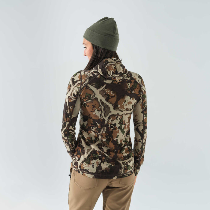 Multi-color camouflage hooded long-sleeve top featuring brown, green, and tan patterns.