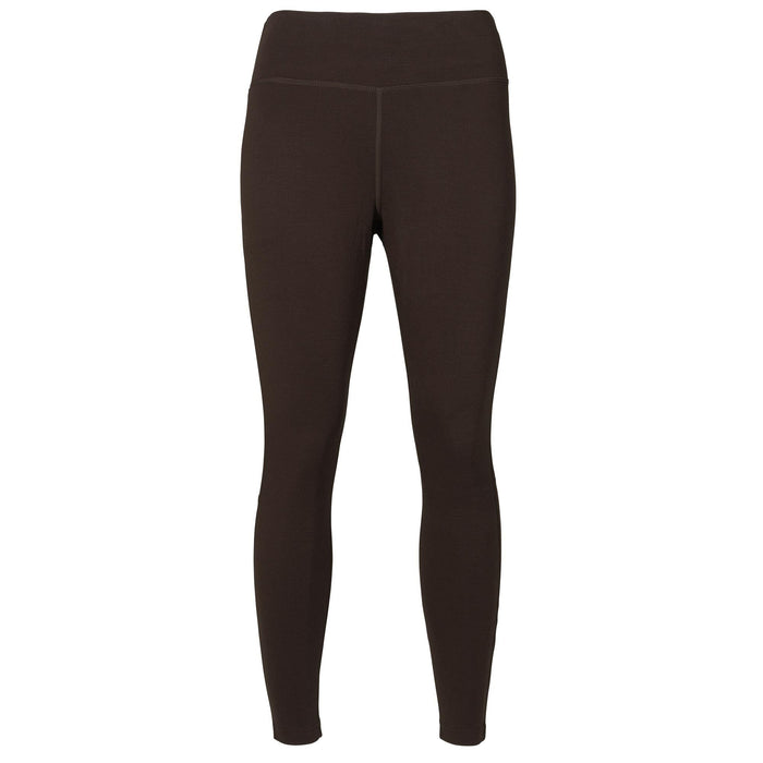 Dark brown high-waisted leggings with visible flatlock seams.