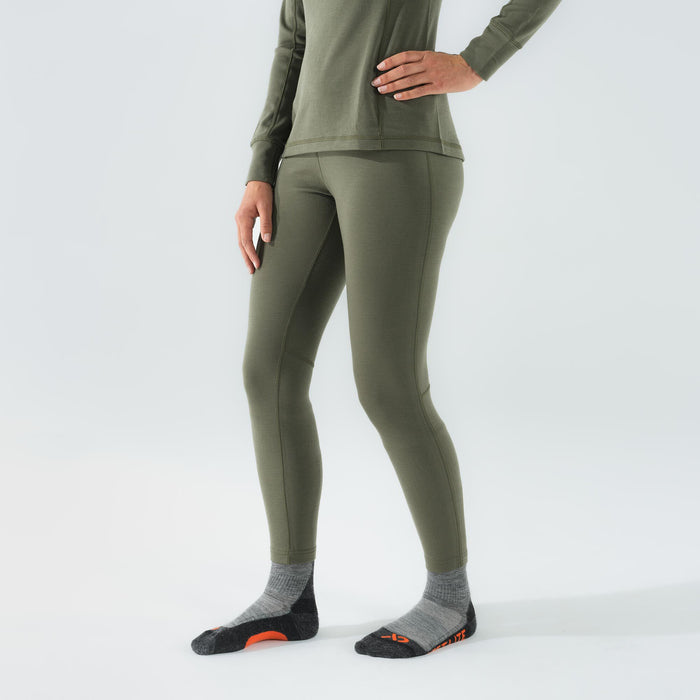 Olive green long-sleeved base layer top and matching leggings with visible flatlock seams.