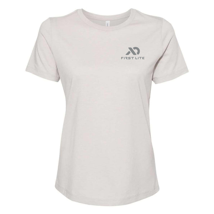 Light grey short-sleeve t-shirt with a dark grey First Lite logo on the left chest.