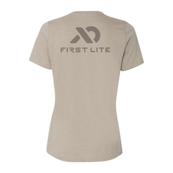Beige t-shirt with a dark gray First Lite logo and text on the back.