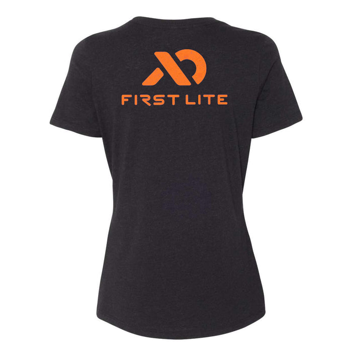 Dark grey heathered t-shirt with an orange First Lite logo and text on the back.