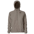 Walnut hooded quarter-zip anorak with horizontal quilting and a chest logo.