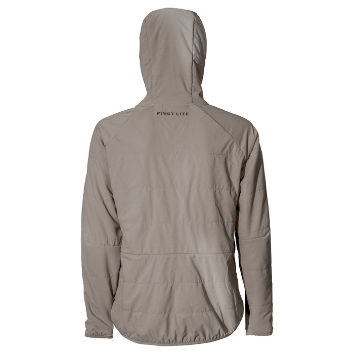 Back view of a light tan hooded jacket with horizontal stitching details and a 'FIRST LITE' logo on the upper back.